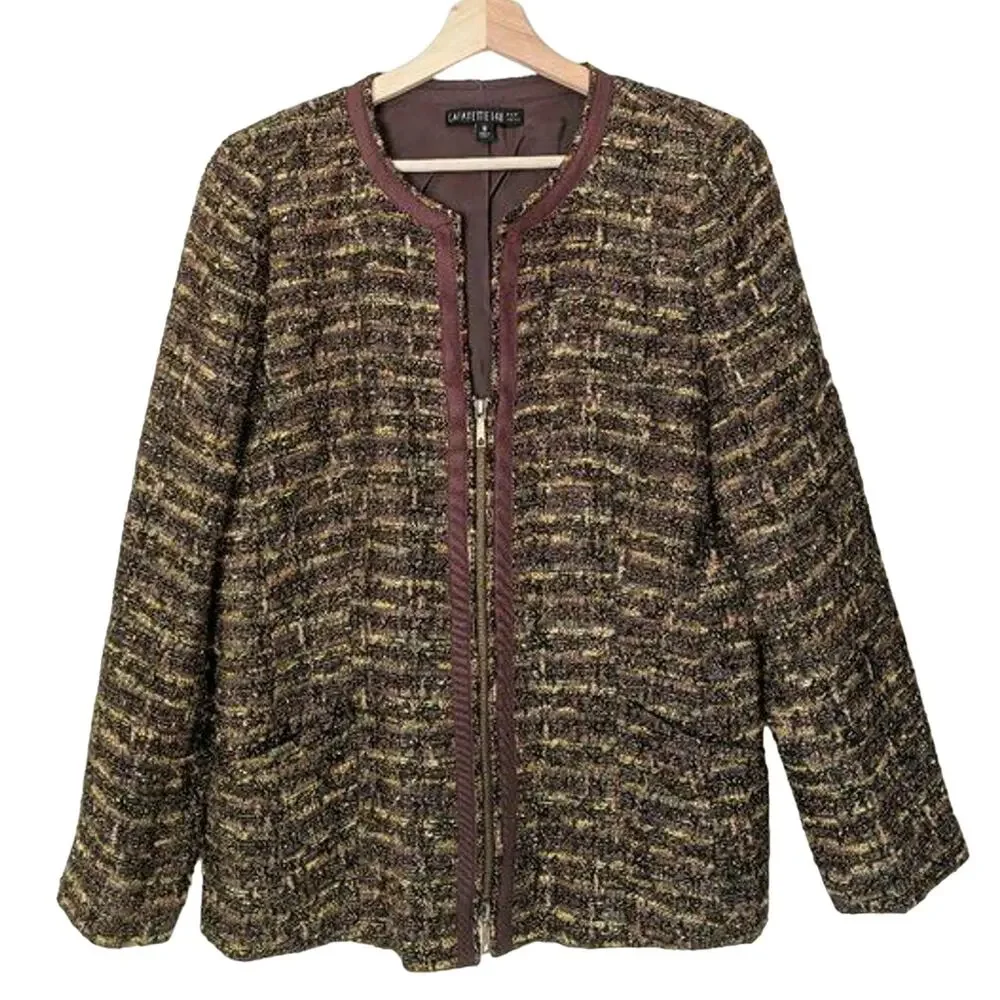 LAFAYETTE 148 NY Blazer Coat‎ Tweed Zip Up Blazer Jacket Brown Trim Women's 10
